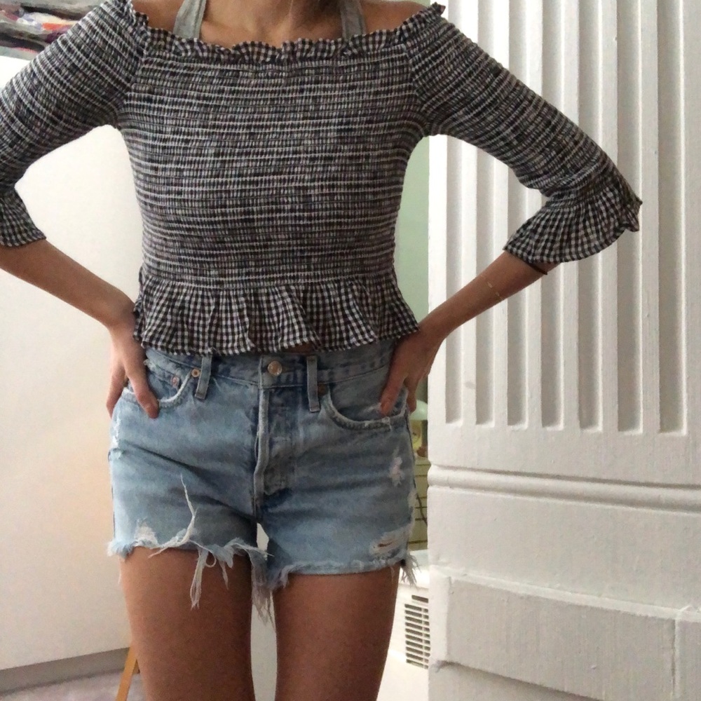 American eagle off shoulder gingham plaid top